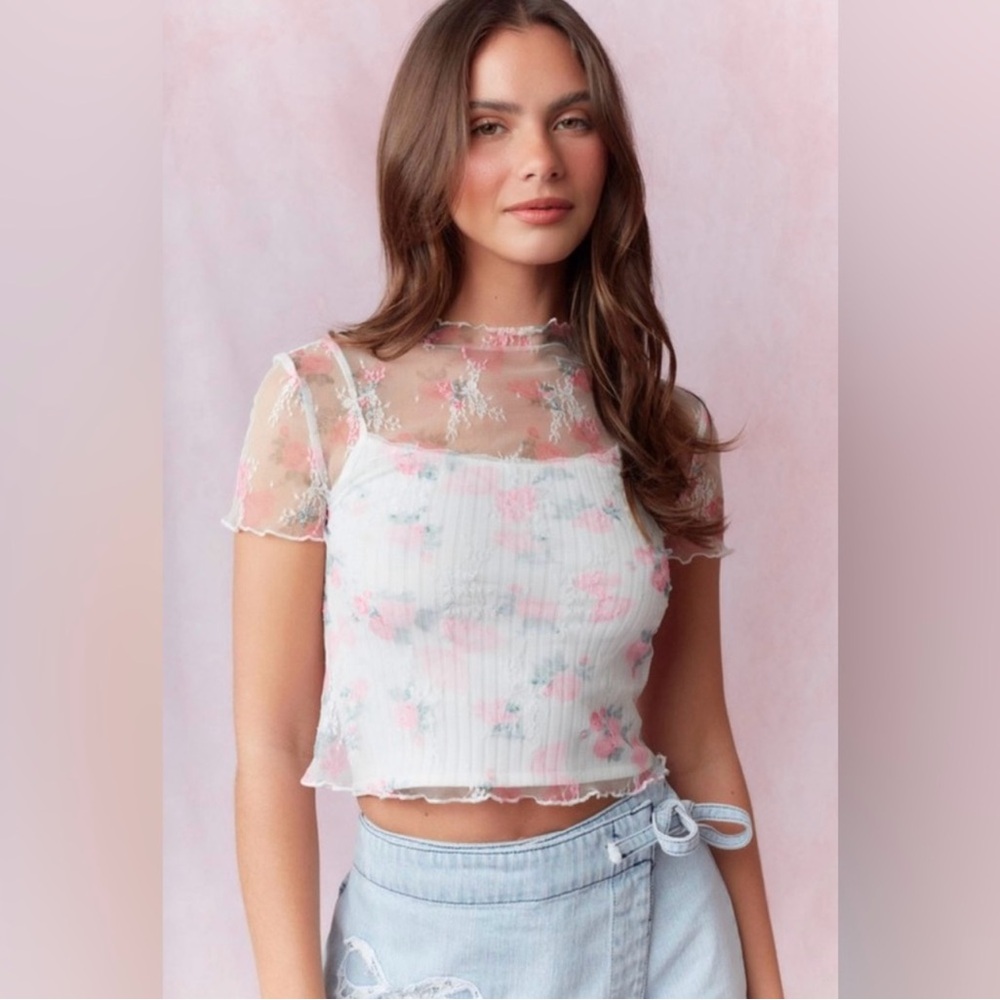 NEW Floral Sheer Lettuce Trim Top